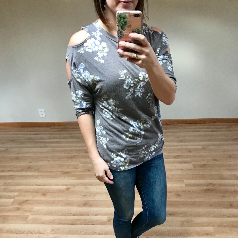 Gray and floral cut out shoulder tee